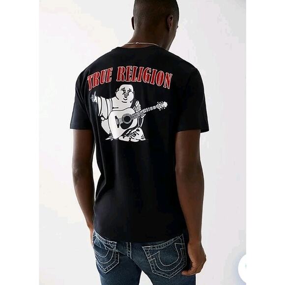 True Religion Y2K Buddha Logo Graphic Tee | Black Distressed Men’s Small - Picture 2 of 11